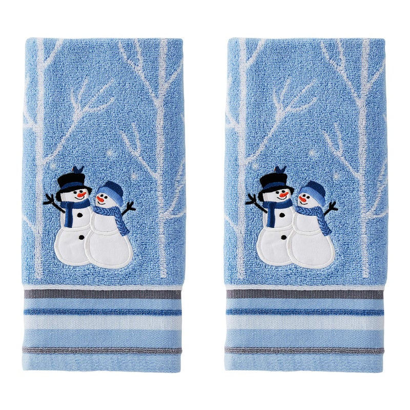 SKL Home Christmas Winter Friends Snowman Hand Towel 2pc Set for Bath/Kitchen & Gift, Blue - Image 1